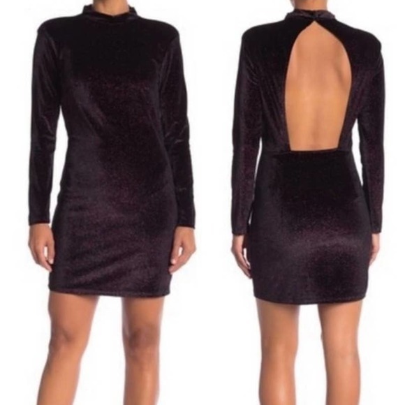 Melló Day Dress Womens Small Purple Black Open Back Long Sleeve Velvet Mini - Picture 1 of 5